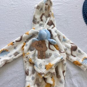 Baby Essentials Cream Hooded Plush Robe with Blue Snuggle Toy
